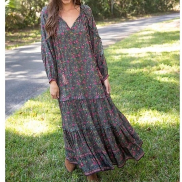 NATURAL LIFE Lula Dress Green Floral Ruffled Tiered Long Sleeve Maxi Dress - Picture 15 of 15